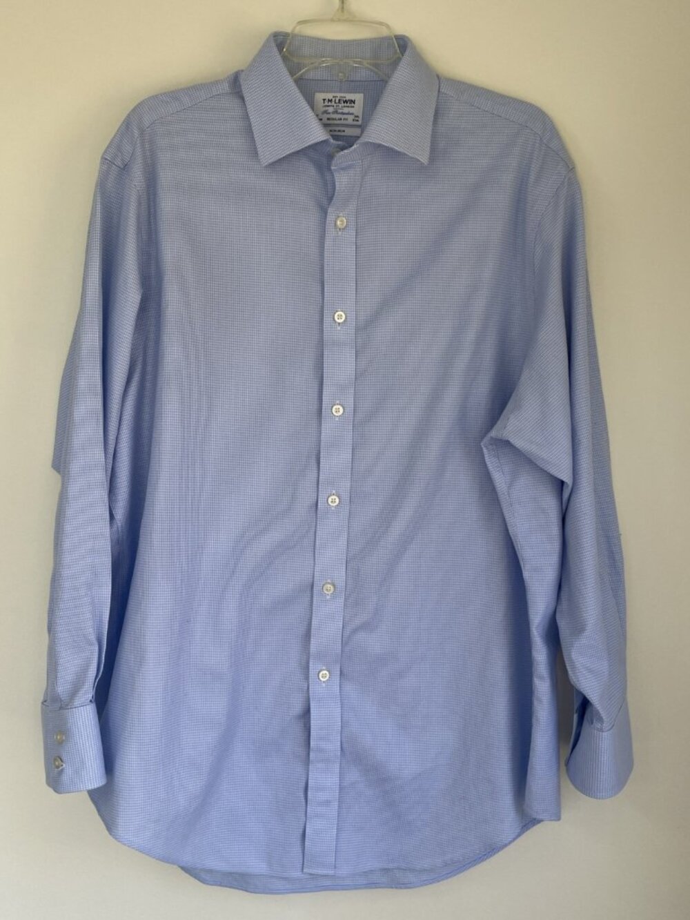 T M Lewin Mens Regular  Fit Gingham Dress Shirt Blue Long Sleeve Cotton 17 34.5